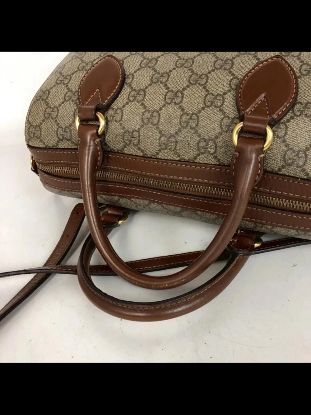 Gucci Beige GG Canvas Satchel with Brown Leather Trim